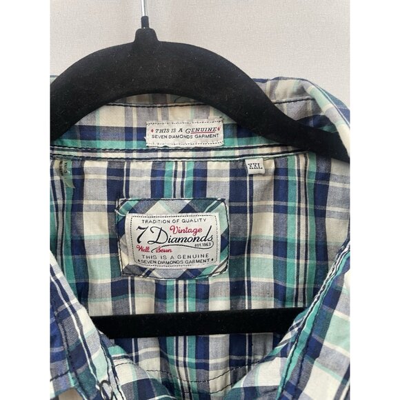 7 Diamonds Shirt Mens XXL Pearl Snap Short Sleeve Plaid Western Retro Green/Blue - Picture 12 of 15